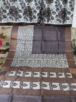 Brown Floral Printed Tasarsilk Saree