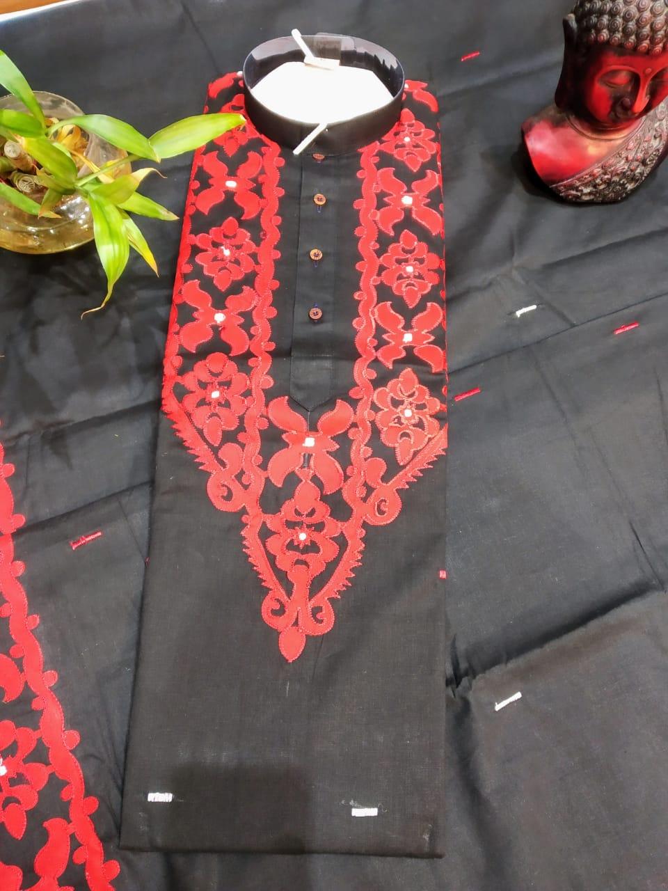 Black Pure Cotton Red Embroidery Couple Set