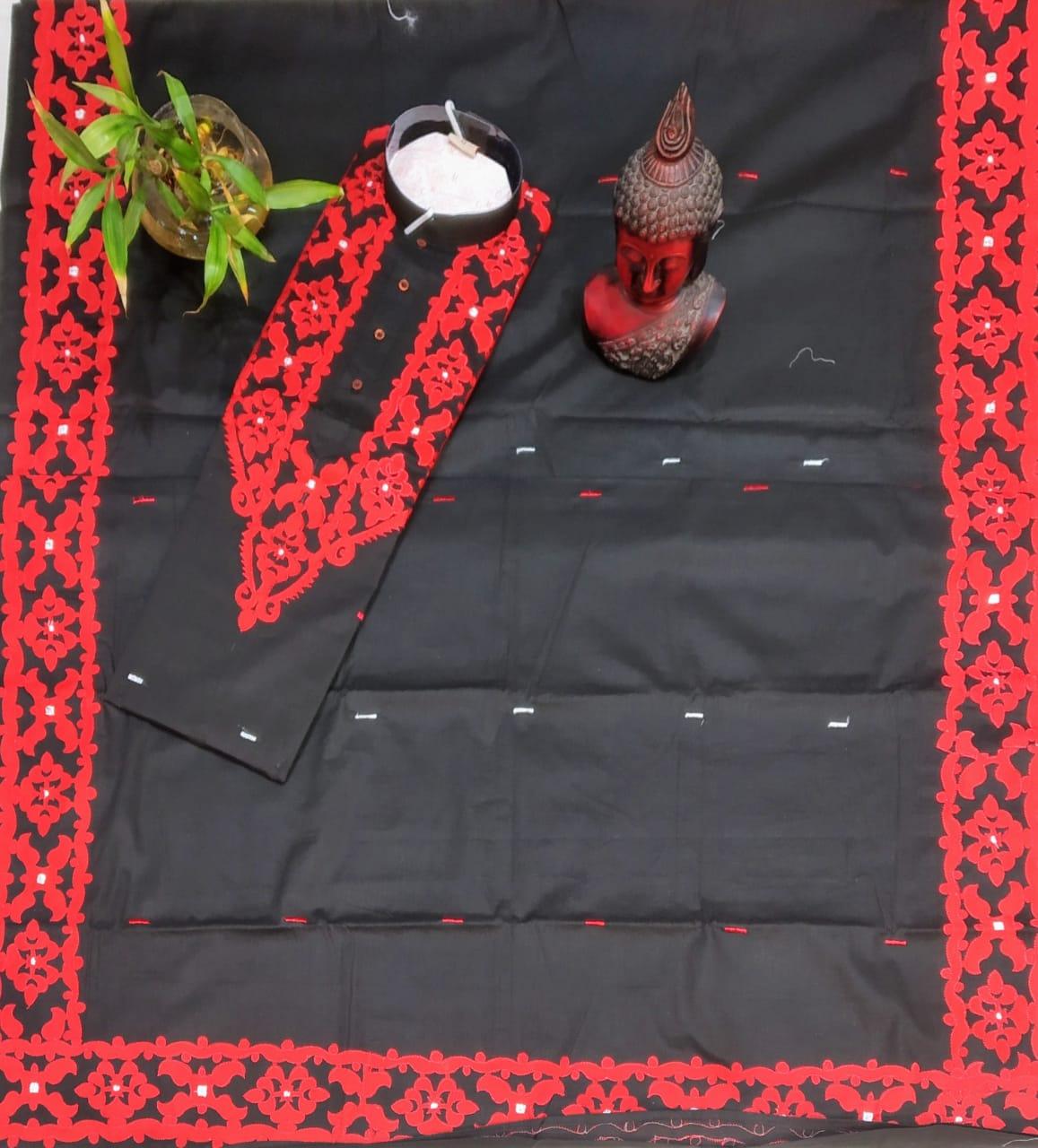 Black Pure Cotton Red Embroidery Couple Set