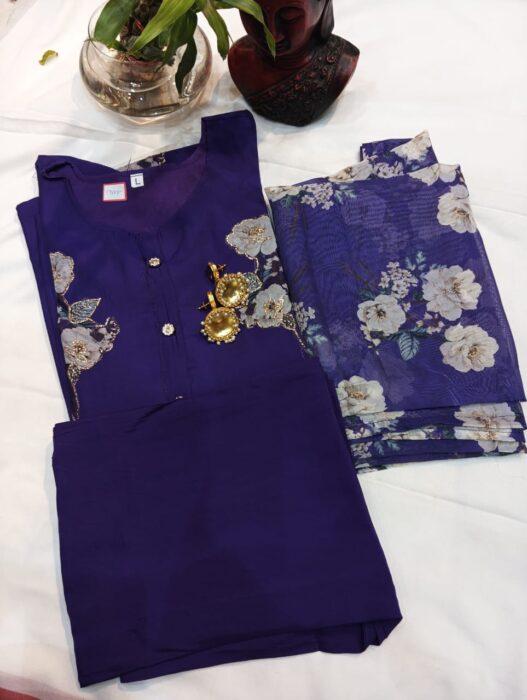 Womens day special Chinon Silk Beautiful Hand Embroidery With Earring Combo Set