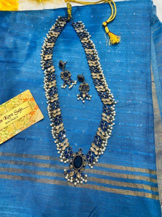 Semi Tusar Beautiful Blue Saree With Matching Jewelry For Mothers Day Special Combo Set - Image 3