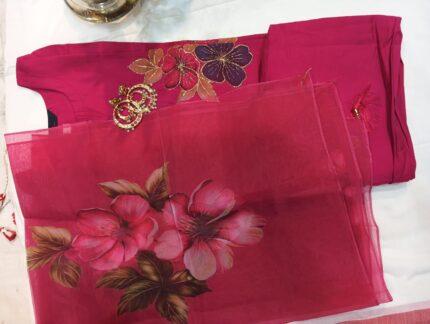 Womens day special Chinon Silk Beautiful Hand Embroidery With Earring Combo Set