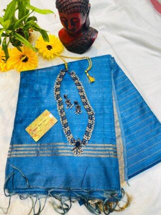 Semi Tusar Beautiful Blue Saree With Matching Jewelry For Mothers Day Special Combo Set