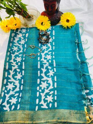 Semi Tussar Turquoise Saree With Neck Piece Combo Set