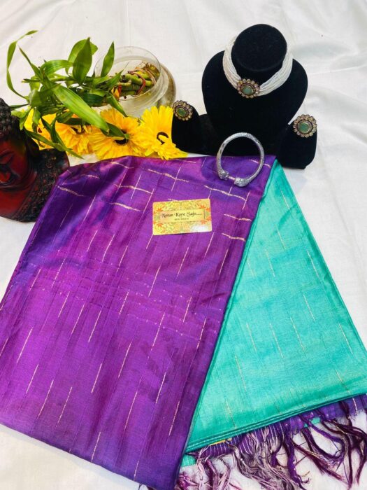 Semi Tussar Beautiful Purple And Sea Green Saree With Beautiful Chokar Set For Mothers Day Special - Image 3