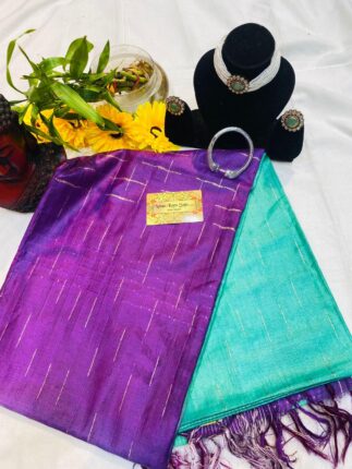 Semi Tussar Beautiful Purple And Sea Green Saree With Beautiful Chokar Set For Mothers Day Special
