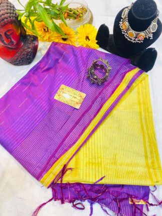 Semi Tussar Beautiful Purple And Yellow Combination Saree With Jewelry Combo Set