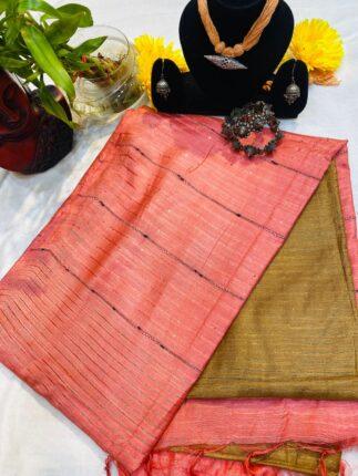 Semi Tussar Peach Beautiful Saree With Combo Jewelry Set