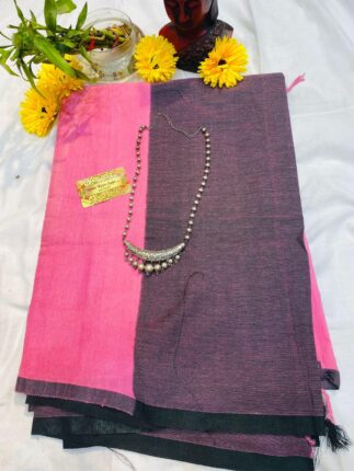 Beautiful Semi Tussar Peach Pink Saree With Silver Replica Jewelry For Mothers Day Special Combo Set