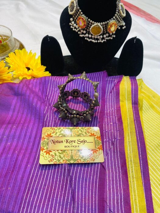 Semi Tussar Beautiful Purple And Yellow Combination Saree With Jewelry Combo Set - Image 3