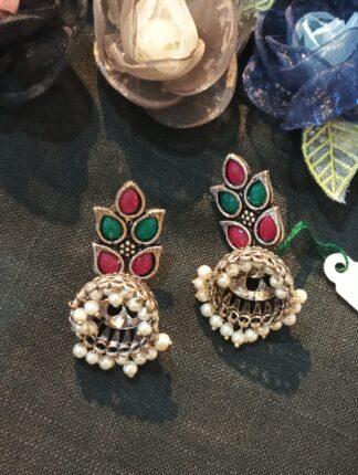 Red And Green Stone Pearl Earring